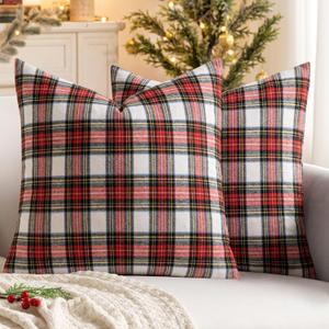 MIULEE Christmas Set of 2 Scottish Tartan Plaid Throw Pillow Covers Farmhouse Classic Decorative Outdoor Square Cushion Cases for Home Decor Sofa Couch 18x18 Inch, Red and White