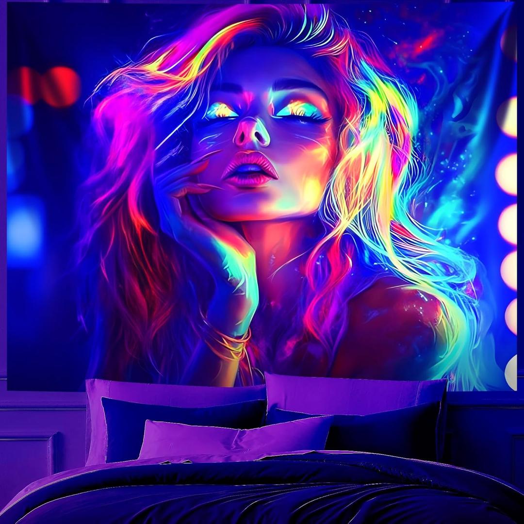 BVBOX Wall Tapestry Cool Girl Tapestry Blacklight,UV Reactive Black Light Upright Posters Wall Hanging for Bedroom Dorm Living Room Backdrop Decor (style2, 79" x 59")