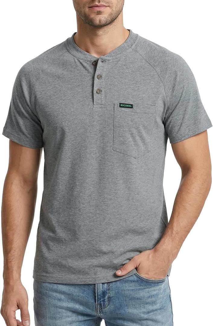 BOCOMAL Non FR - Men's Henley Work Shirts, Stretch-Cotton Relaxed Fit | 5.5oz Lightweight, EX-Soft, Breathable, Chest Pocket, Versatile Workwear - Ideal for Jobsite & Casual, Large