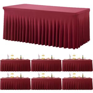 6 Pack Burgundy Spandex Tablecloth for 6 Foot Rectangle Tables, Wrinkle Free Fitted Table Cloth Cover 6ft Maroon Stretchy Tablecloths with Skirt for Parties Weddings Birthday Banquet Baby Shower