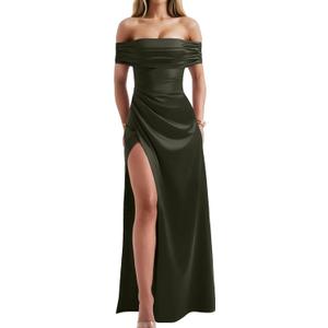 Memoriesea Women's Elegant Off Shoulder High Split Bodycon Evening Wedding Maxi Dress (Army Green) S