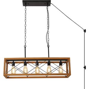 Industrial Pendant Lamp-5 Lights E26 Socket with Plug in Cord Rectangle Chandelier Wood Metal Kitchen Island Hanging Pendant Lighting Farmhouse Black Vintage Ceiling Lamp for Dinner Room-No Bulbs