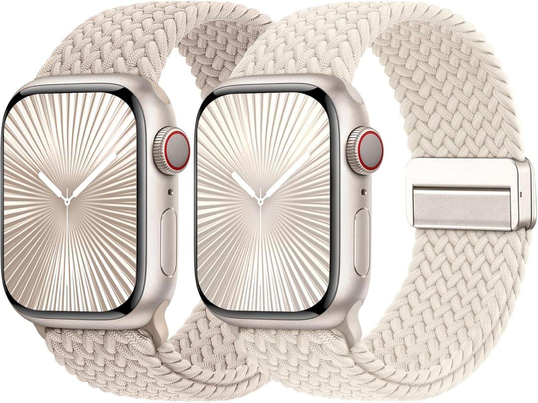 Braided Stretchy Bands with Magnetic Clasp Compatible for Apple Watch Band 38mm 40mm 41mm 42mm 44mm 45mm 46mm 49mm Women Men, Soft Nylon Sport Solo Loop for iWatch Series 10 9 8 7 6 5 4 3 Ultra 2 1 SE (Starlight/Milk Tea)