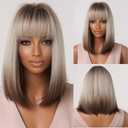 Short Straight Brown with Grey Highlights Wigs Synthetic Bob Wigs for Women Heat Resistant Natural Looking Wig with Bangs