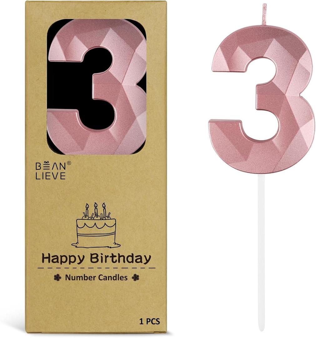 BEAN LIEVE 2.76 Inch Rose Gold Number Candles 3 - Diamond Birthday Cake Candles with Metallic Finish for Party, Anniversary, Graduation Decorations.