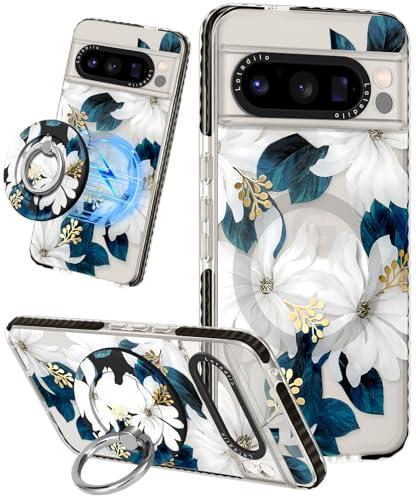 Lotadilo Cute for Google Pixel 8 Pro Case - Compatible with Magsafe Magnetic Ring Holder Stand Kickstand for Women Girls Girly Funny Fashion Pretty TPU Phone Covers Blue Flower Design