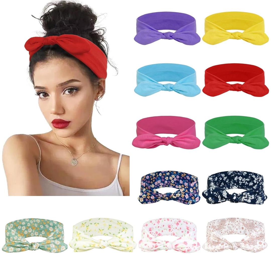 12 Pack Wild Floral Bow Headbands for Women Elastic Headwraps Hair Band Yoga Running Sports Knotted Hair Bands Stretchy Rabbit Ears Turban Fashion Sport Cute Hair Accessories