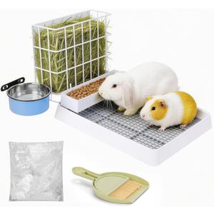3 in 1 Rabbit Litter Box with Hay Feeder, Bunny Litter Box with Metal Hay Feeder and Hanging Water Bowl for Bunny, Guinea Pigs, Chinchillas and Other Small Animals