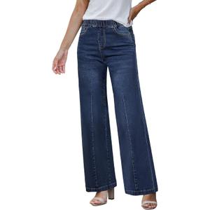 GRAPENT Pull On Womens Jeans Baggy Stretchy High Waisted Denim Wide Leg Trouser Pants Trendy Front Seam 90s Loose Jean (XX-Large, Midnight Blue)