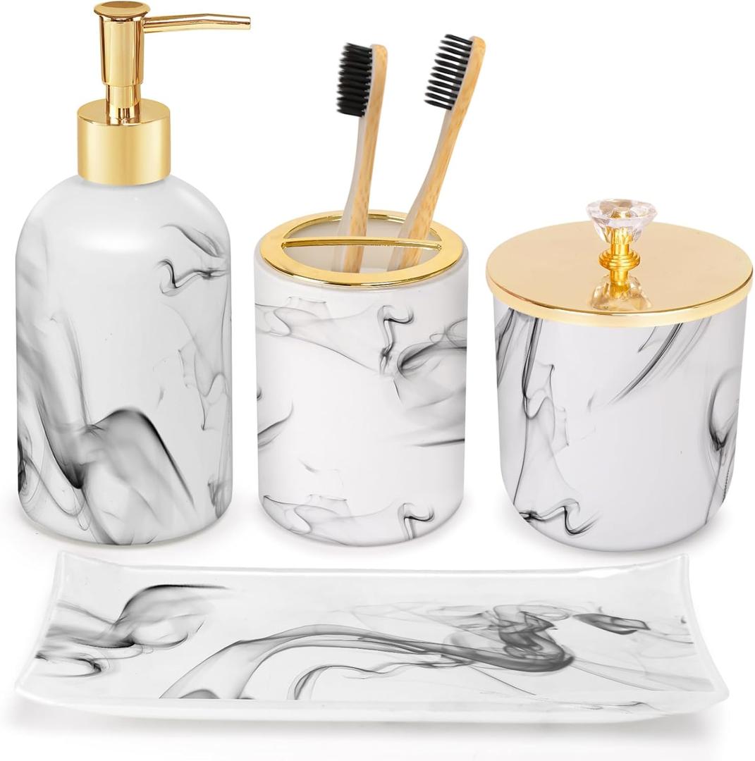 Haturi Bathroom Accessories Set, 4 Pcs Marble Look Sets Soap Dispenser & Toothbrush Holder Counter Top Restroom Apartment Decor Stuff, Glass Kits, Gift for Women and Men, Ink White