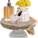 dwellington White Wash Round Display Wood Riser, 8.25 Shabby Chic Pedestal Tray Decor with Beads, Farmhouse Display Stands for Small Items in Coffee Bar, Bathroom, Kitchen Island