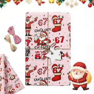2 x 67 Christmas Wrapping Paper, Funny 6 7 Meme Gift Wrap for Xmas and Holiday Presents, Santa Meme Wrapping Paper for Kids Teens Family (Pink)