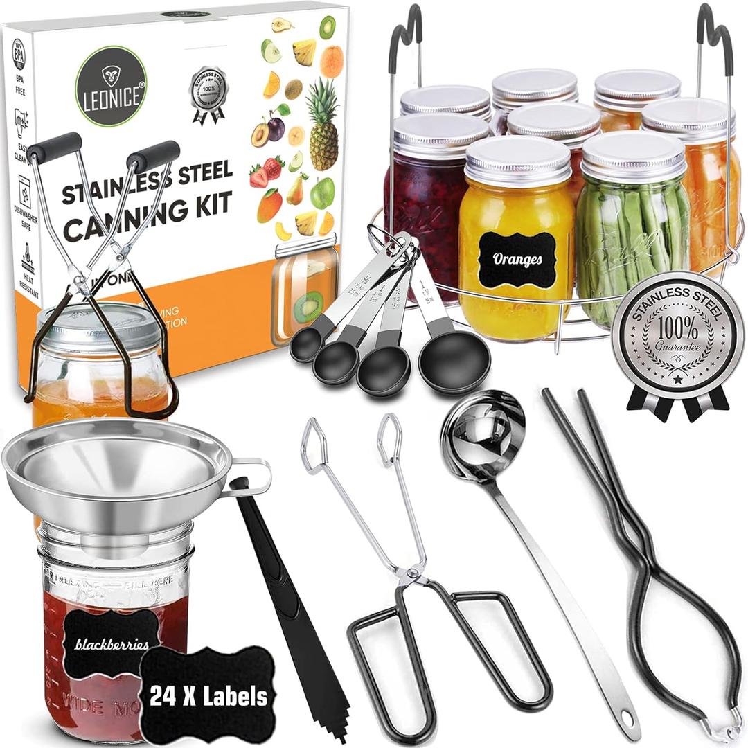 Canning Supplies Starter Kit, Stainless Steel Canning Set Tools: Rack, Ladle, Measuring Spoons, Funnel, Tongs, Jar Lifter, Lid Lifter & Accessories for Canner/ Pot, Beginner, Home Canning Kit - Black