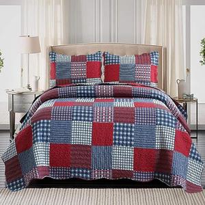 Ycosy Plaid Quilt Set Twin Size Country Patchwork Bedding Set Lightweight Reversible Bedspread Coverlet Set Red Blue Pliad Quilts Soft Home Collections with 2 Pillow Shams