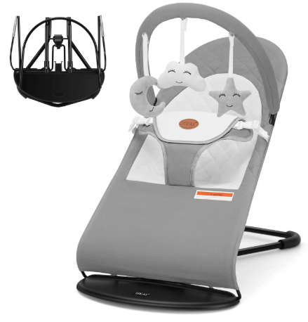 HKAI Baby Bouncer, Portable Baby Bouncer Seat for Babies 0-18 Months, 100% Cotton Fabrics, 3 Modes of use with Rocker and Stationary Options, Infant Rocker Chair with Hanging Toys-Grey
