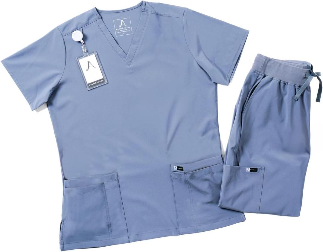AprilBreeze Lite Medical Scrub Set with 9 Deep Pockets, 4-way Stretch Breathable V Neck Top, Yoga Waistband Jogger Pants (Dove Grey, Medium)