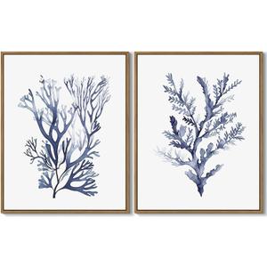 LHZSJWDCCR Sea Coral Wall Art Navy Blue Ocean Coral Painting Prints Coastal Beach Themed Picture Watercolor Corals Wall Decor Framed for Living Room Bedroom Bathroom Decoration Gifts - 11"x14"x2Pcs