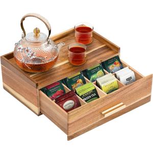 Tea Bag Organizer, Wood Tea Organizers and Storage Box, Tea Bag Holder Station Caddy Container for Countertop, Tea Accessories Gift Box with Drawer