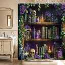 Gothic Skull Shower Curtain Vintage Withcy Spooky Retro Wizard Magic Bookshelf Purple Floral Unique Green Plant Mysterious Bathroom Decor Polyester Curtains with Hooks,70Wx70L