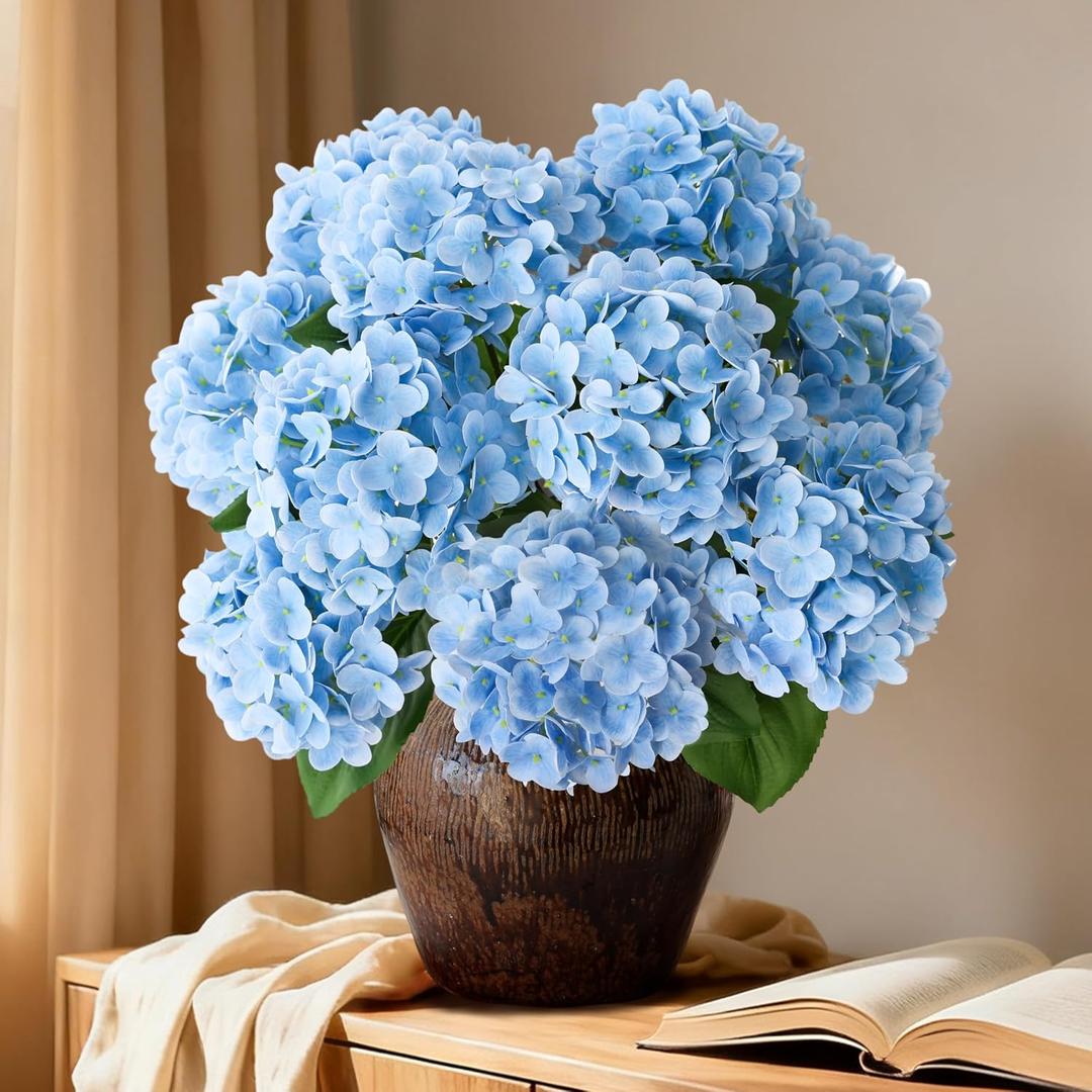 A Bunch 21in, Real Touch Hydrangea Artificial Flowers, with 5pcs Flower Head 10pcs Leaves, Faux Hydrangea Flowers for Home Office Decor Wedding Party Arrangements (1, Blue)