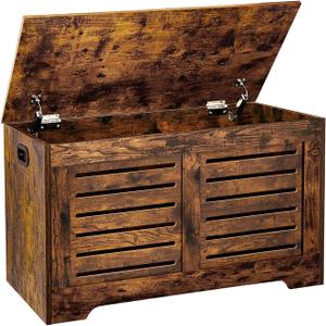 DINZI LVJ Storage Chest, Flip-Top Wooden Toy Box with 2 Safety Hinges, Retro Entryway Shoe Bench, Sturdy Large Storage Trunk for Living Room, Bedroom, Toddler Room, Easy Assembly, Rustic Brown (30.0"L)
