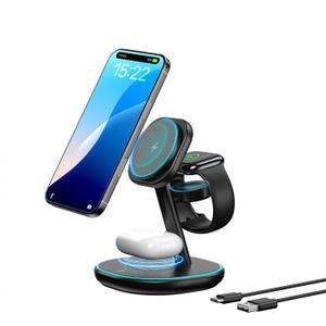 3-in-1 Charging Station, 2X Faster 15W Wireless Charging Station for iPhone 16/15/14/13/12, for Apple Watch, AirPods, Magnetic Wireless Charger with Sleep Friendly Light (Black)