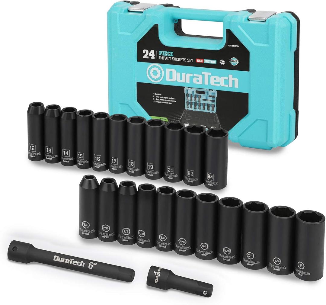 DURATECH 24-Piece Impact Socket Set, 1/2" Drive Deep Impact Socket Set with 2pcs 1/2-Inch Hexagon Extension Bars, Metric SAE, Hard Case Included