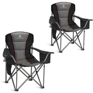ALPHA CAMP Oversized Camping Folding Chair, Heavy Duty Support 450 LBS Steel Frame Collapsible Padded Arm Chair with Cup Holder Quad Lumbar Back, Portable for Outdoor, 2 Pack (Twin Pack, Black)