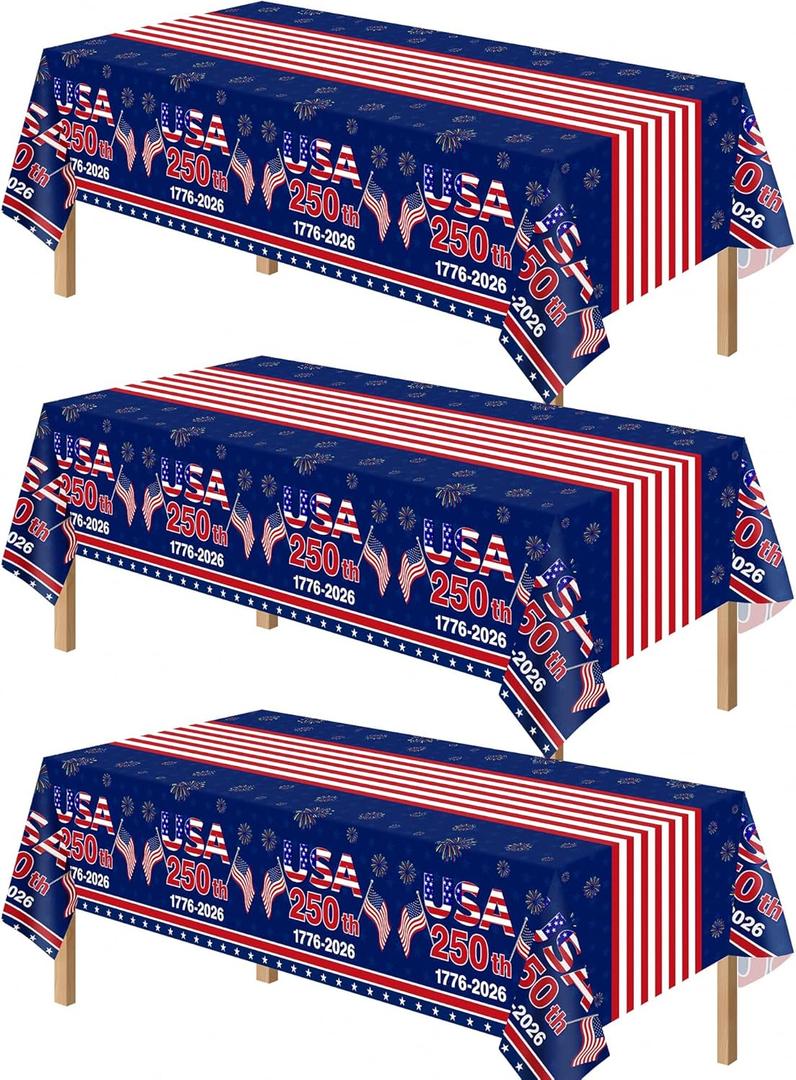 Kelool 4th of July Decorations,3 Pack Patriotic 4th of July Tablecloth for 250 Anniversary USA,Plastic Table Cloth Disposable for Patriotic Decorations,250th Tablecloths Rectangular,108 x 54 Inch