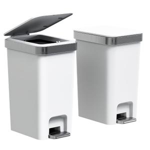 2Pack Small Bathroom Trash Can with Lid Soft Close, 10 Liter/2.6 Gallon Slim Garbage Can-Metal Step and Press top Lid, Mini Modern Waste Basket for Toilet, Office, Bedroom,Dorm,Grayish-White