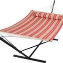 SUNCREAT Outdoor Hammock with Stand, Two Person Quilted Fabric Hammock Swing with 12ft Steel Stand, Red Stripes