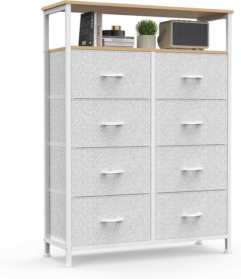 DUMOS Fabric Dresser for Bedroom with 8 Drawers, Tall 8-Drawer Chest of Drawers with Raised Shelf, Storage Tower with Fabric Bins for Closet Organization, Hallway Storage, Light Grey, 31.5"D x 45.9"W x 11.8"H
