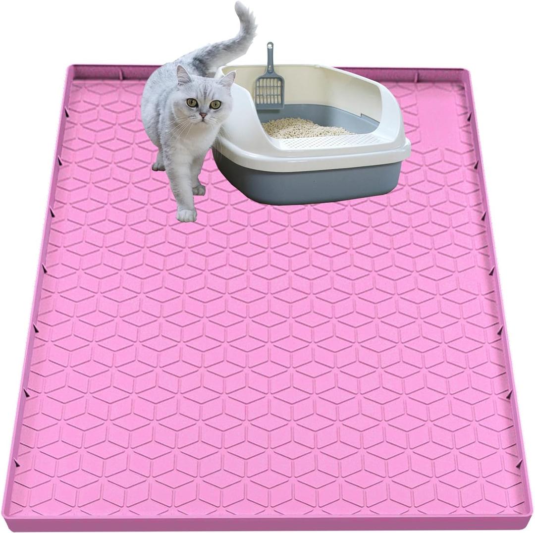 Cat Litter Mat, Silicone Large Cat Mat for Litter Box - 34x22 in, Waterproof & Non-Slip, Durable & Easy Clean, Pink