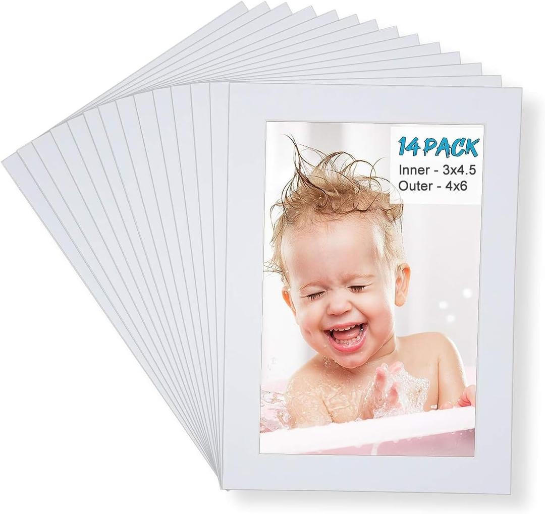 Egofine 4x6 White Picture Mats Pack of 14, Frame Mattes for 3x4.5 Pictures, Acid Free, 1.2mm Thickness, with Core Bevel Cut