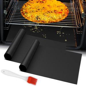 Oven Liners for Bottom of Oven, 2 Pack Reusable Large Thick Heavy Duty Teflon Oven Mat Set, Non Stick Oven Mats for Bottom of Electric Oven Gas Oven Toaster Oven Microwave Stove Grill, Easy to Clean (Black)