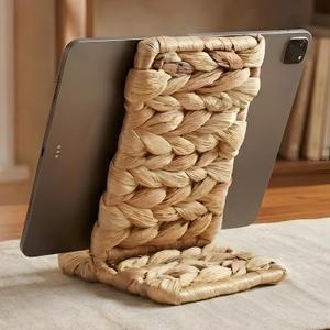 Ahyra Handwoven Water Hyacinth Phone Stand for Desk, Mid-Century Cell Phone Holder, Sturdy Tablet Stand for Office, Cute Boho Home Decor (Natural, Standard)
