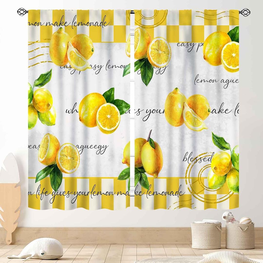 Yellow Lemon Kitchen Curtains, Vintage Retro Summer Spring Seasonal Fruit Yellow Checkered Window Drapes Treatments for Living Room Bedroom Bathroom Cafe 2 Panels, 42"x45" Inch, 21"W x 45"L
