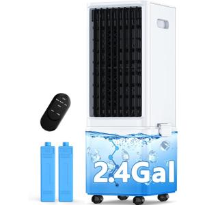 Windowless Air Conditioner w/4 Modes & 3 Speeds, Waterless Alert, 2.4-Gal Tank for 20H Cooling, 12H Timer, 20FT Remote, 70 Auto Swing Evaporative Air Cooler for Room Bedroom Office, Off White