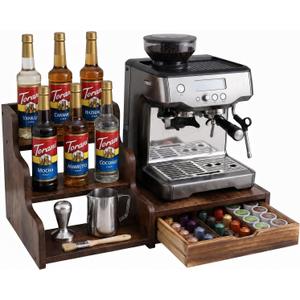 Wood Coffee Bar Organizer Station with Syrup Rack and Capsule Drawer, 3 Tier Coffee Syrup Organizer for Countertop, Coffee Station Organizer with Storage for Coffee Pods, Espresso Machine Stand Shelf
