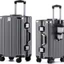 HotWay 26 Inch Aluminum Frame Luggage with Spinner Wheels, PC Hard Shell Suitcase with Cup Holder, Zipperless Luggage for Business Travel, Gray