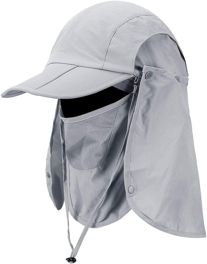 Foldable Sun Cap, Fishing Hats, UPF 50+ Protection Caps with Face Mask Neck Flap (One Size, Light Gray)