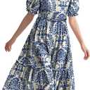 YESNO Summer Floral Midi Dresses for Women V Neck Puff Short Sleeve Frill Trim Dress with Pockets EVX (XXXL)