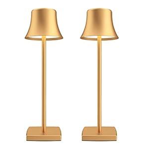 2 Pack LED Cordless Table Lamps Rechargeable,5000mAh Battery Operated Table Light,3 Color Stepless Dimming,Portable Small Desk Lamp in Aluminum for Party Patio Restaurant Indoor/Outdoor(Gold)