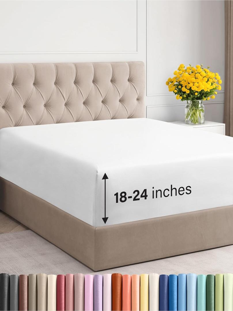 Extra Deep King Fitted Sheet - Hotel Luxury Single Fitted Sheet Only - Easily Fits 18 inch to 24 inch Mattress - Ultra Soft, Wrinkle Free w/Extra Deep Pockets - Easy-Care, Breathable & Comfy - White (01 - White)