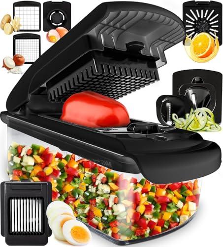 Core Home Vegetable Chopper and Spiralizer, Food Chopper with Container, Fruit Slicer, Kitchen Gadgets & Gifts, Home Essentials (7 in 1, Black)