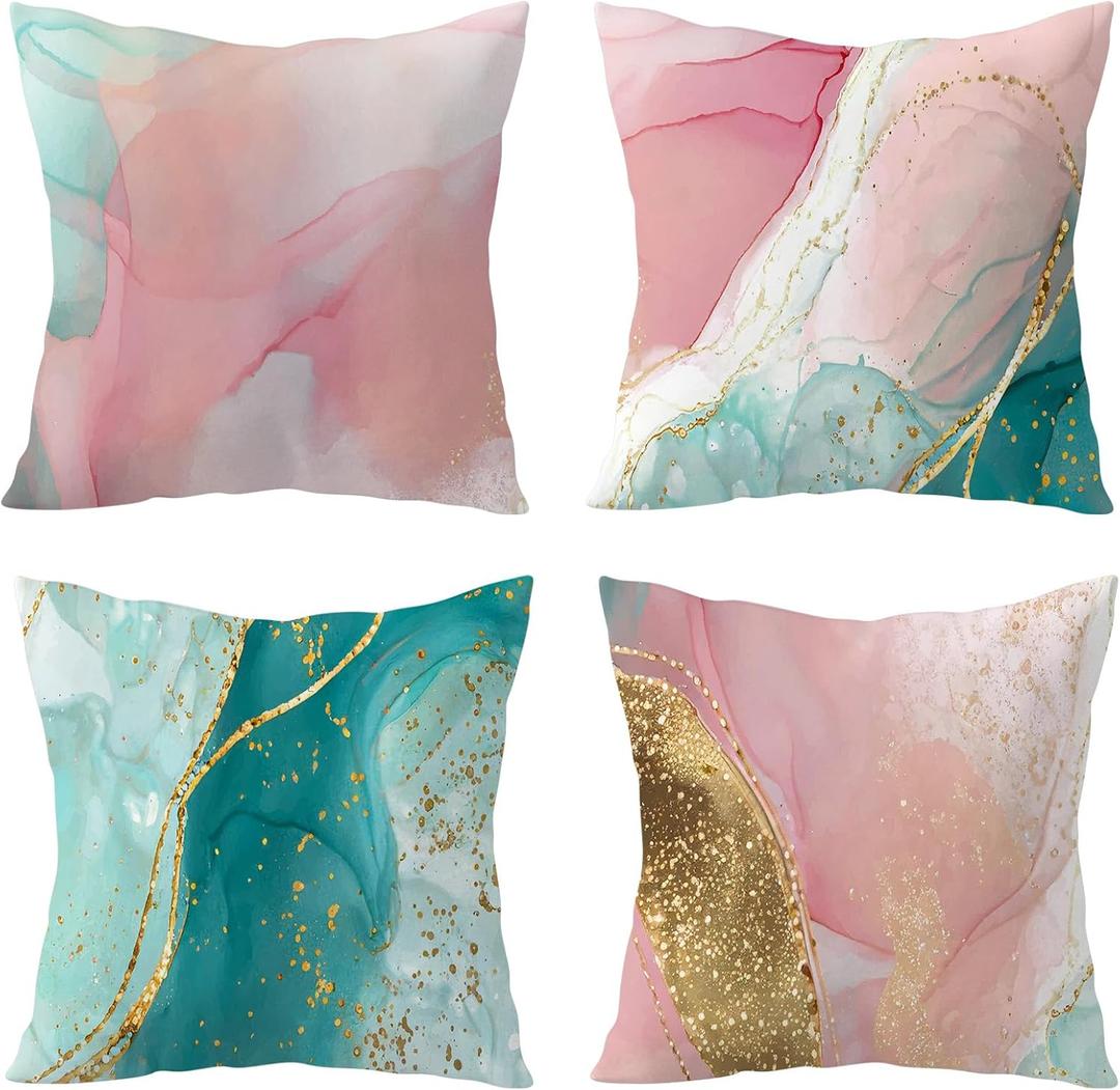 HVEST Pink Marble Pillow Covers 18x18 Set of 4, Pink and Green Gold Abstract Marble Textured Throw Pillow Covers Modern Minimalist Decorative Pillows for Home Bed Couch Sofa Decor Pillowcase