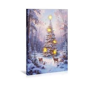 NIKKY HOME Christmas LED Lighted Wall Art, 16 x 12 Inch Canvas Prints Xmas Decor Light Up Deer and Xmas Tree Pictures, Winter Forest Snow Scene Indoor Holiday Decorations