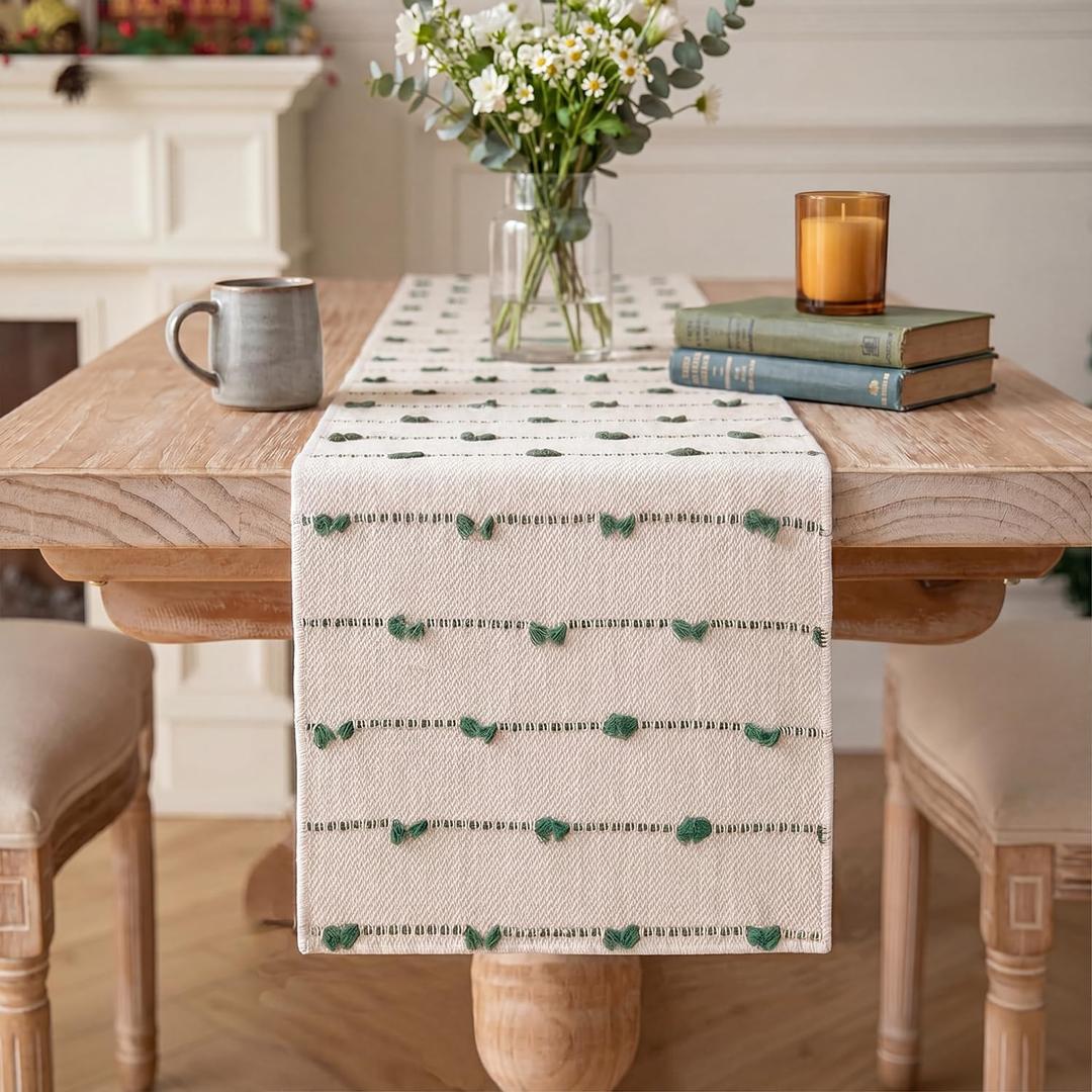 Artoid Mode Dark Green Boho Farmhouse Cotton Woven Table Runner, Seasonal Christmas Kitchen Dining Table Decoration for Home Party Decor 12x108 Inch