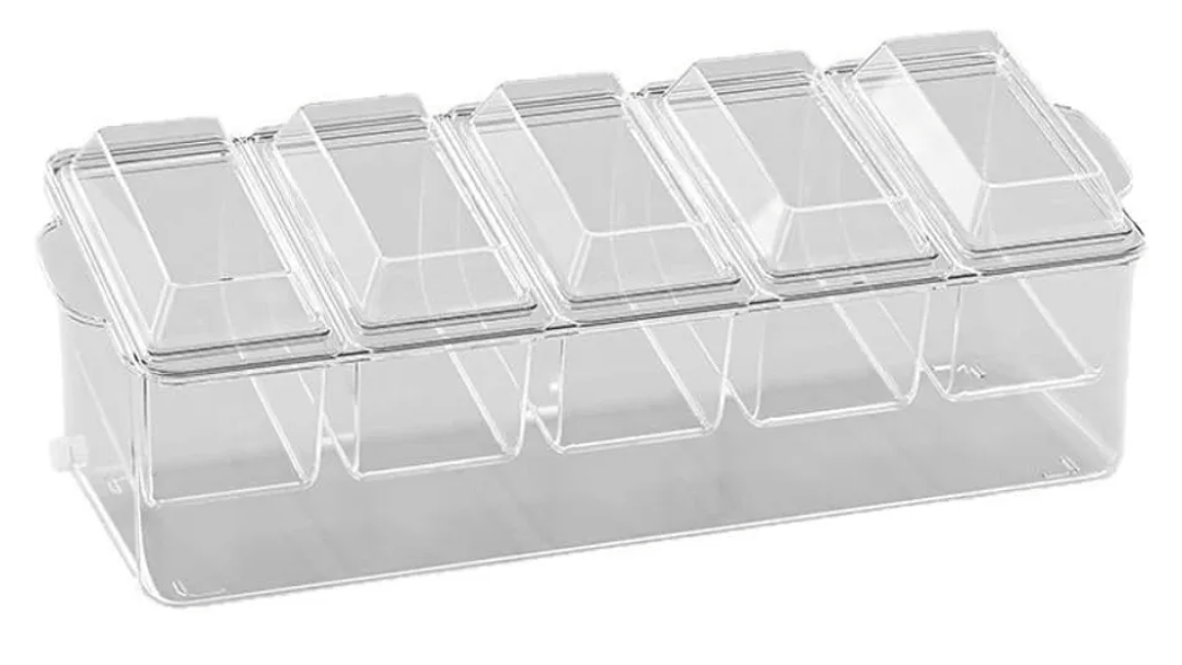 5 Grids Fruit Preservation Box, Divided Chilled Fruit Salad Box with Lid, Kitchen Transparent Condiment Tray Storage Containers, Large Capacity Fresh Iced Boxes for Picnic Party