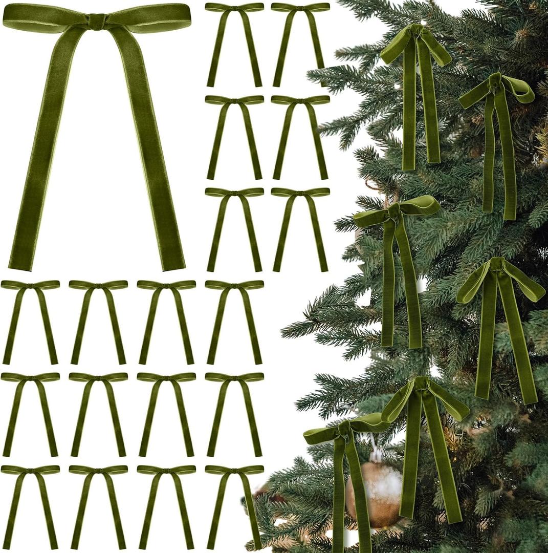 24 Pcs Velvet Bows Christmas Tree Ornaments Vintage Velvet Ribbon Bows for Tree Garland Wreath Indoor Xmas Decorations(5 x 7 Inch, Width of 5/8",Moss Green)